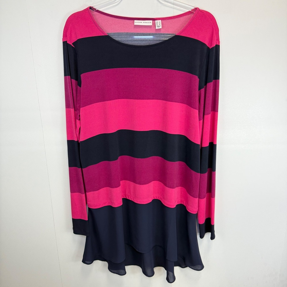 Susan Graver Tunic Top Striped Long Sleeve Layered Large Office Mature Career